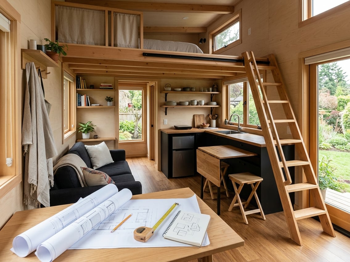 200 Sq Ft Tiny House Floor Plans: Layouts That Work 7 A bright tiny house interior with a compact living area, kitchenette, loft ladder, and blank floor-plan papers on a wooden table.