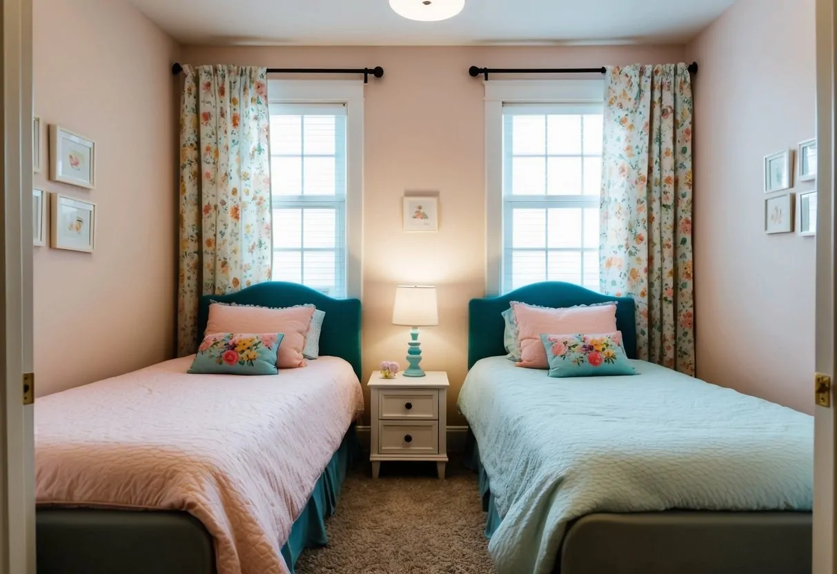 A cozy shared girls' bedroom with twin beds against opposite walls. Soft pastel colors and floral patterns decorate the bedding and curtains. A small nightstand and lamp sit between the beds