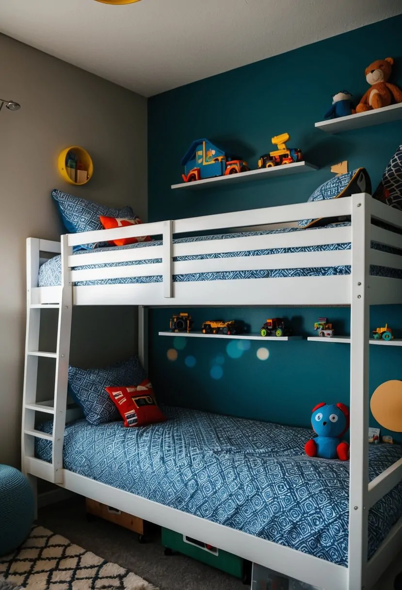 Two loft beds with stylish bedding and decor, surrounded by shelves and toys in a twin boys' bedroom