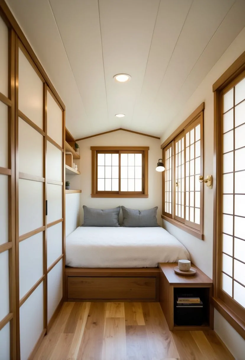 A cozy Japanese-inspired tiny house with a minimalist bedroom, traditional shoji screens, and clever storage solutions for small spaces