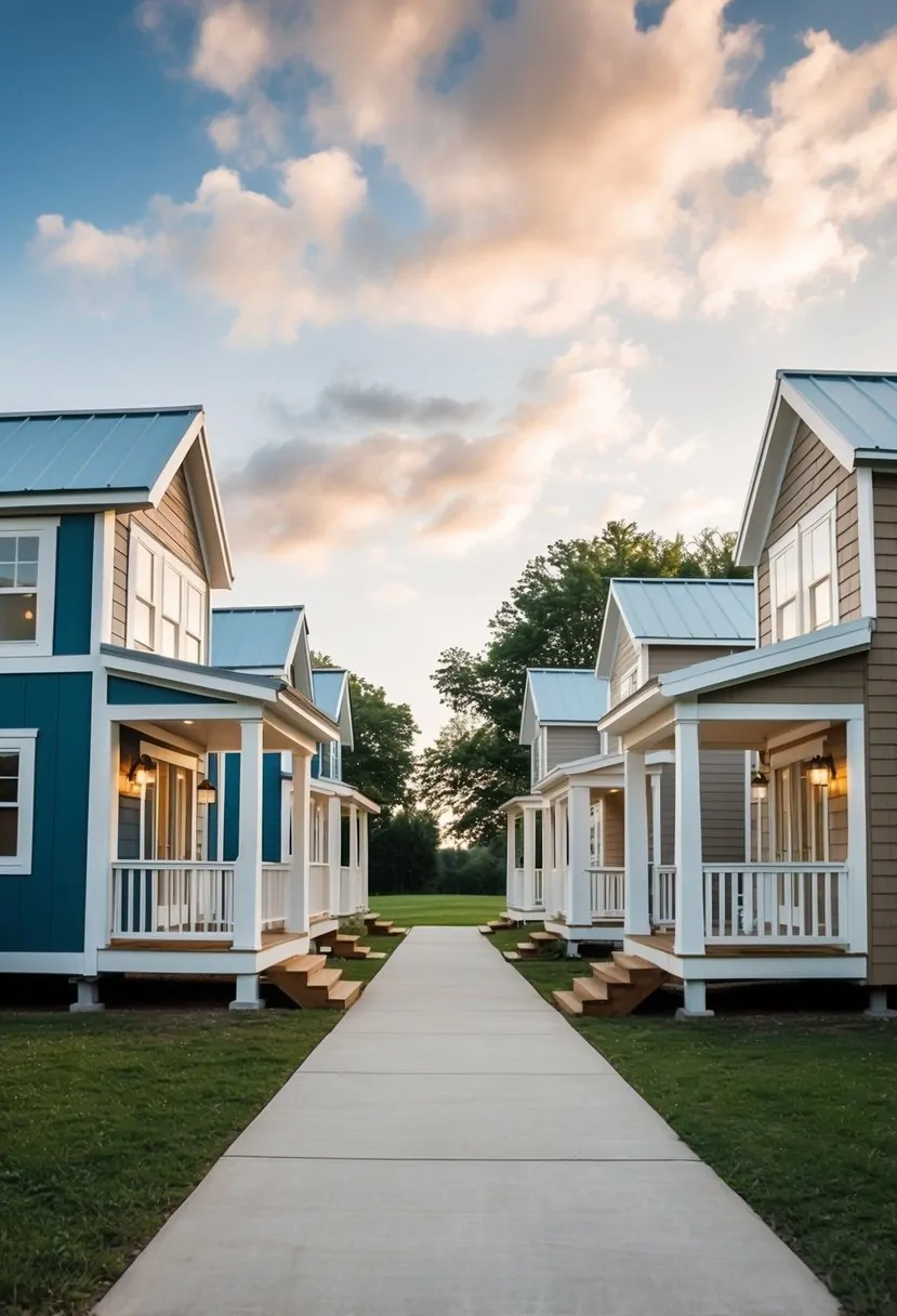 Tiny Homes and Extensions Ideas: Creative Solutions for Maximizing Space 7 A cluster of tiny homes connected by a large porch, each with unique architectural extensions and design features