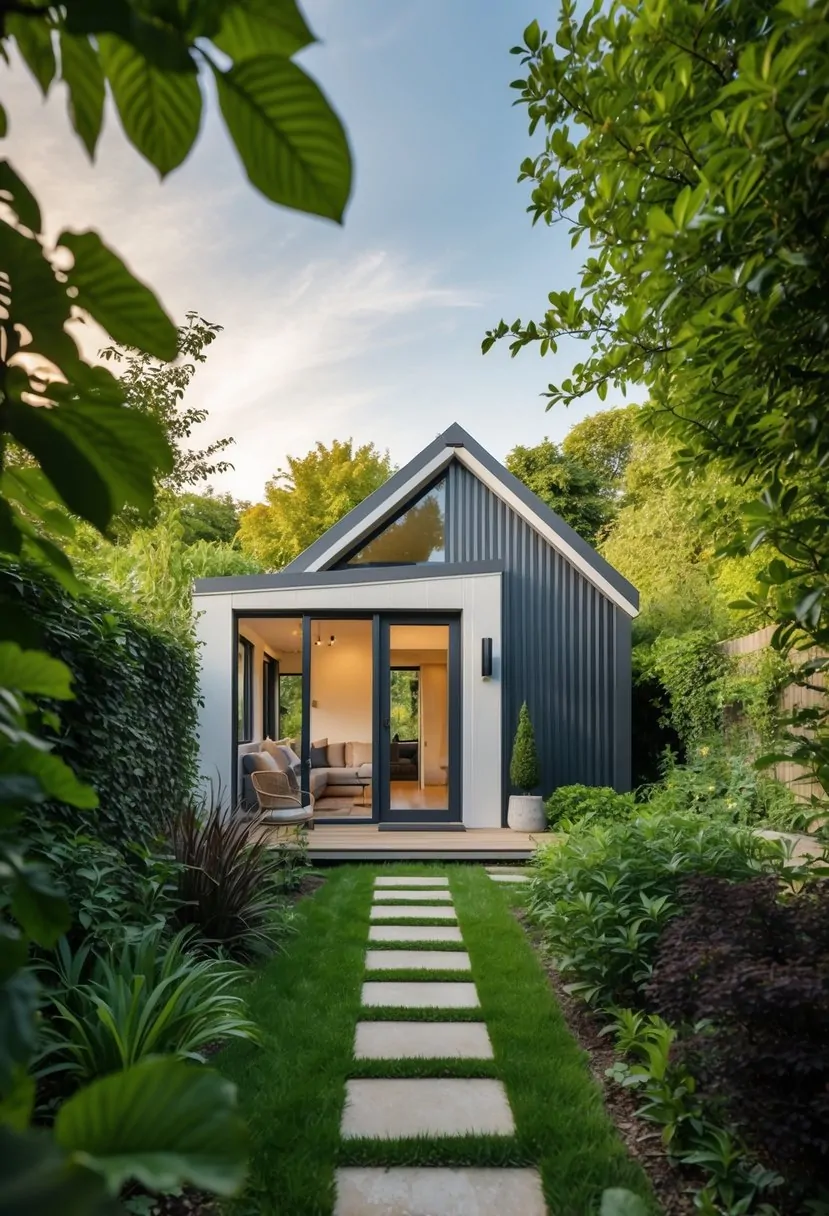 Tiny Homes and Extensions Ideas: Creative Solutions for Maximizing Space 8 A cozy tiny home nestled in a lush garden, with a modern extension seamlessly blending into the natural surroundings