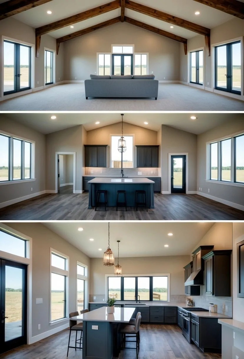 4 Bedroom Barndominium Floor Plans: Maximizing Space and Comfort in Modern Living 3 A spacious 4-bedroom barndominium floor plan with an open-concept living area, high ceilings, large windows, and a modern kitchen with an island