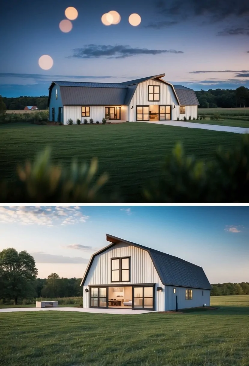 4 Bedroom Barndominium Floor Plans: Maximizing Space and Comfort in Modern Living 1 A spacious barndominium with 4 bedrooms, open floor plan, modern kitchen, and large windows overlooking a scenic rural landscape