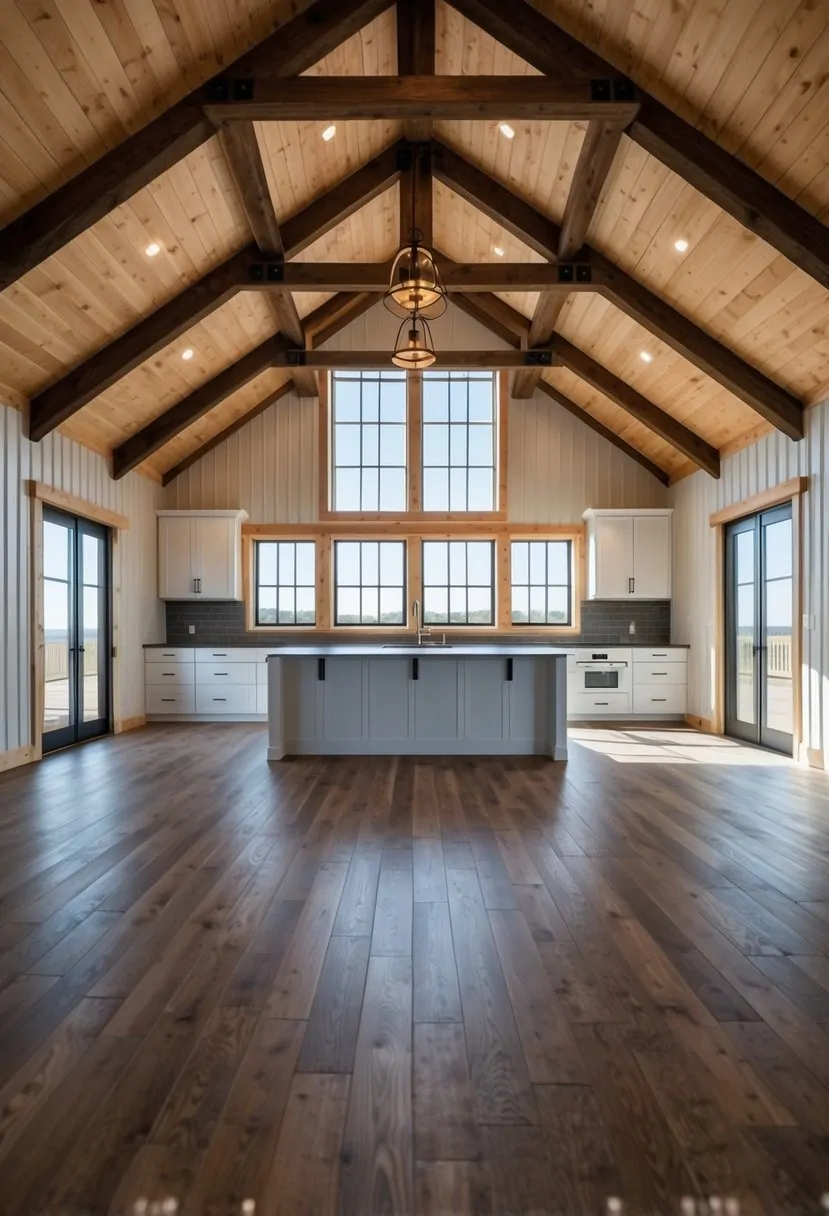 4 Bedroom Barndominium Floor Plans: Maximizing Space and Comfort in Modern Living 2 A spacious, open-concept barndominium with four bedrooms, large windows, and a modern kitchen