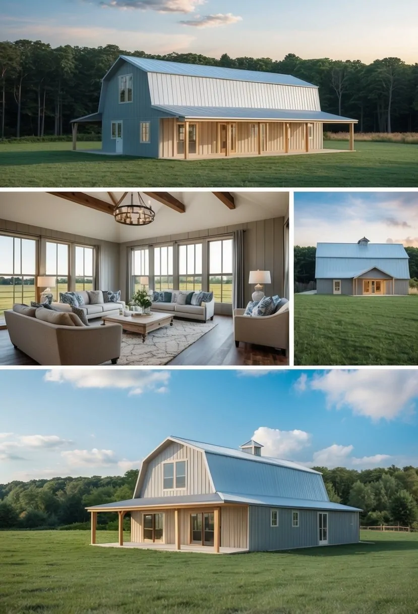 4 Bedroom Barndominium Floor Plans: Maximizing Space and Comfort in Modern Living 9 A spacious 4-bedroom barndominium floor plan with open living areas and large windows, surrounded by a sprawling rural landscape