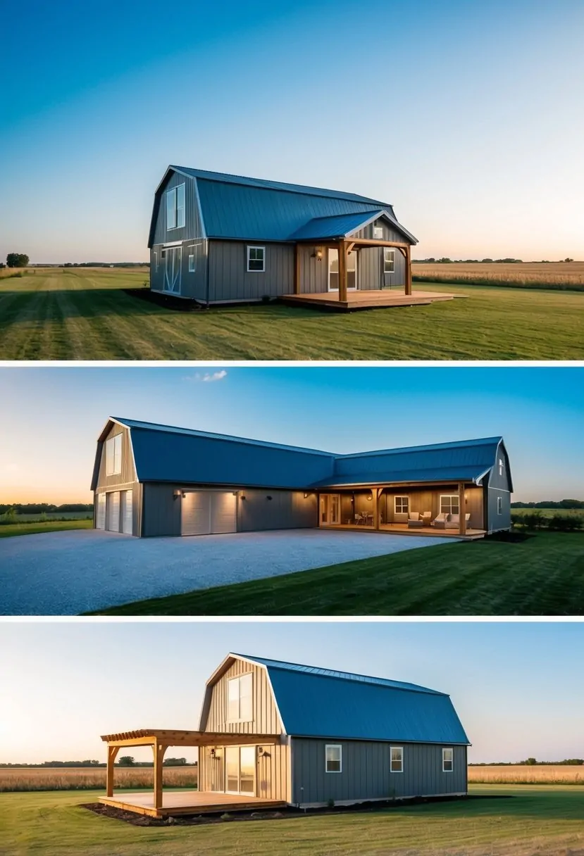 4 Bedroom Barndominium Floor Plans: Maximizing Space and Comfort in Modern Living 10 A spacious 4-bedroom barndominium with a large outdoor living area, surrounded by open fields and a clear blue sky