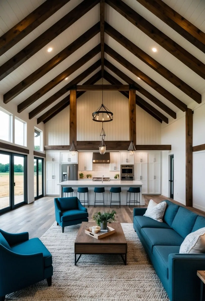 4 Bedroom Barndominium Floor Plans: Maximizing Space and Comfort in Modern Living 8 A spacious, open-concept barndominium with four bedrooms, featuring a modern kitchen, large living area, and plenty of natural light