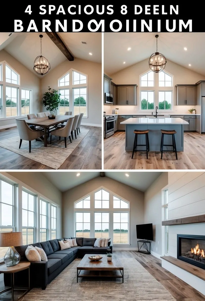 4 Bedroom Barndominium Floor Plans: Maximizing Space and Comfort in Modern Living 5 A spacious 4-bedroom barndominium floor plan with open living areas, large windows, modern kitchen, and a cozy fireplace