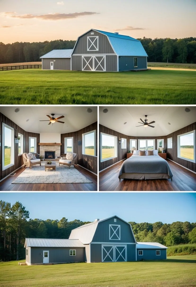 4 Bedroom Barndominium Floor Plans: Maximizing Space and Comfort in Modern Living 11 A rural landscape with a spacious barndominium featuring four bedrooms and a well-designed floor plan