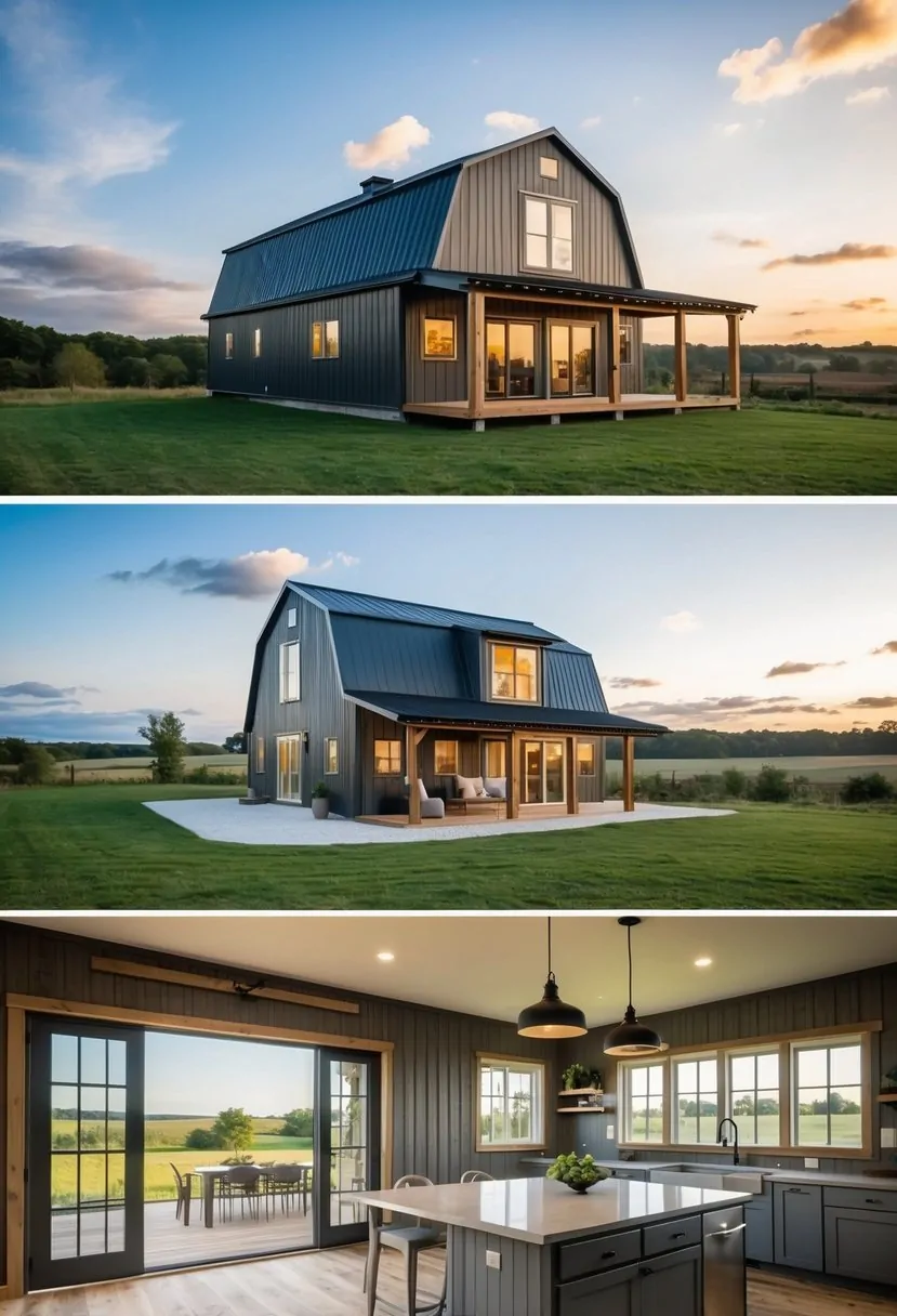 A cozy 2-bedroom barndominium with a spacious living area, modern kitchen, and large windows overlooking a scenic countryside setting