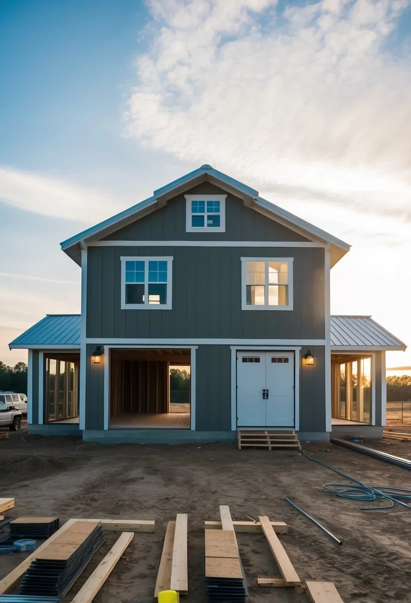 A barndominium with 2 bedrooms, featuring a spacious open floor plan, large windows, and a covered outdoor area for entertaining