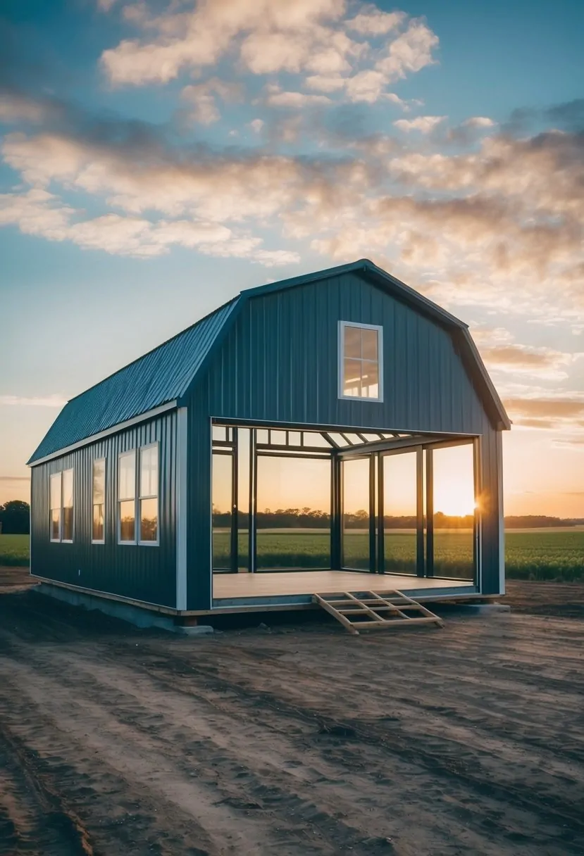 A 2-bedroom barndominium under construction, with a metal frame and large open windows, surrounded by rural landscape