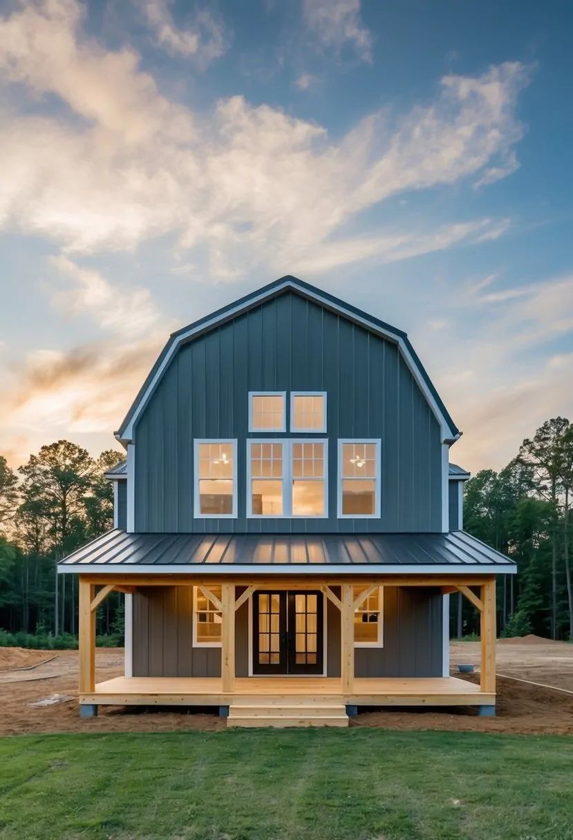 A spacious 2-bedroom barndominium under construction with a metal frame, large windows, and a front porch