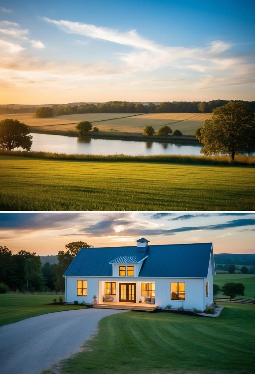 A 2-bedroom barndominium with a spacious living area, modern kitchen, and large windows overlooking a scenic countryside setting