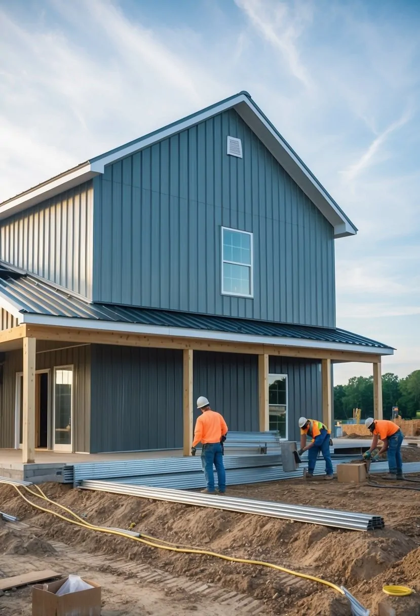 A two-story barndominium under construction, with workers assembling metal siding and laying foundation materials