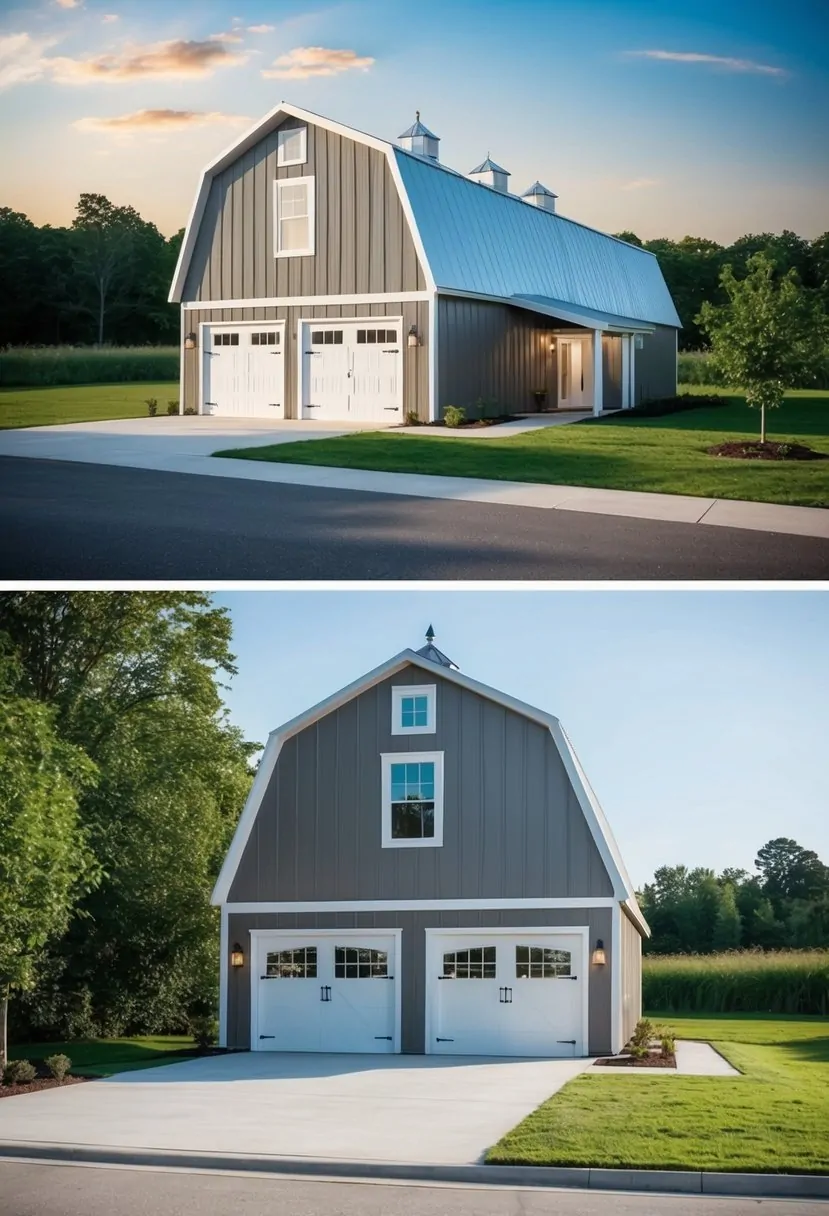 A two-story barndominium with a spacious living area, two bedrooms, and modern fixtures. Surrounding landscape includes a driveway and greenery