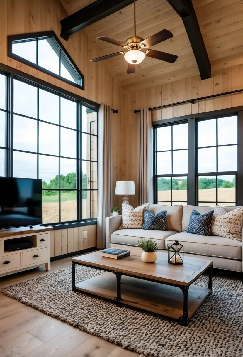 A cozy 2-bedroom barndominium with modern amenities and stylish finishes, featuring an open floor plan and large windows for natural light
