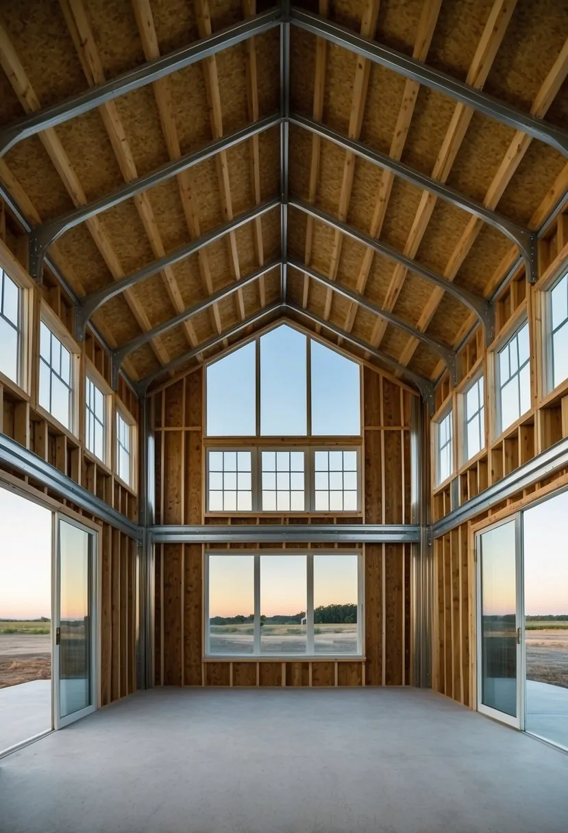 A 2-bedroom barndominium under construction with a metal frame, large windows, and a spacious open floor plan