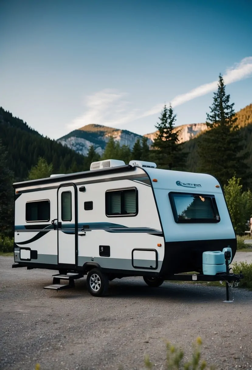 2 Person RV with Bathroom: The Ideal Compact Travel Solution 3 A compact RV with a bathroom, parked in a scenic campground surrounded by trees and a mountain backdrop