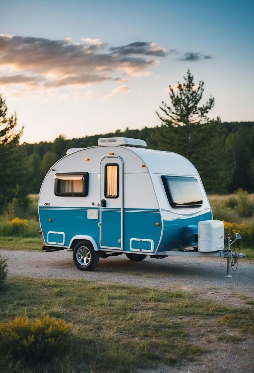 2 Person RV with Bathroom: The Ideal Compact Travel Solution 8 A small 2-person RV with a bathroom, parked in a serene natural setting