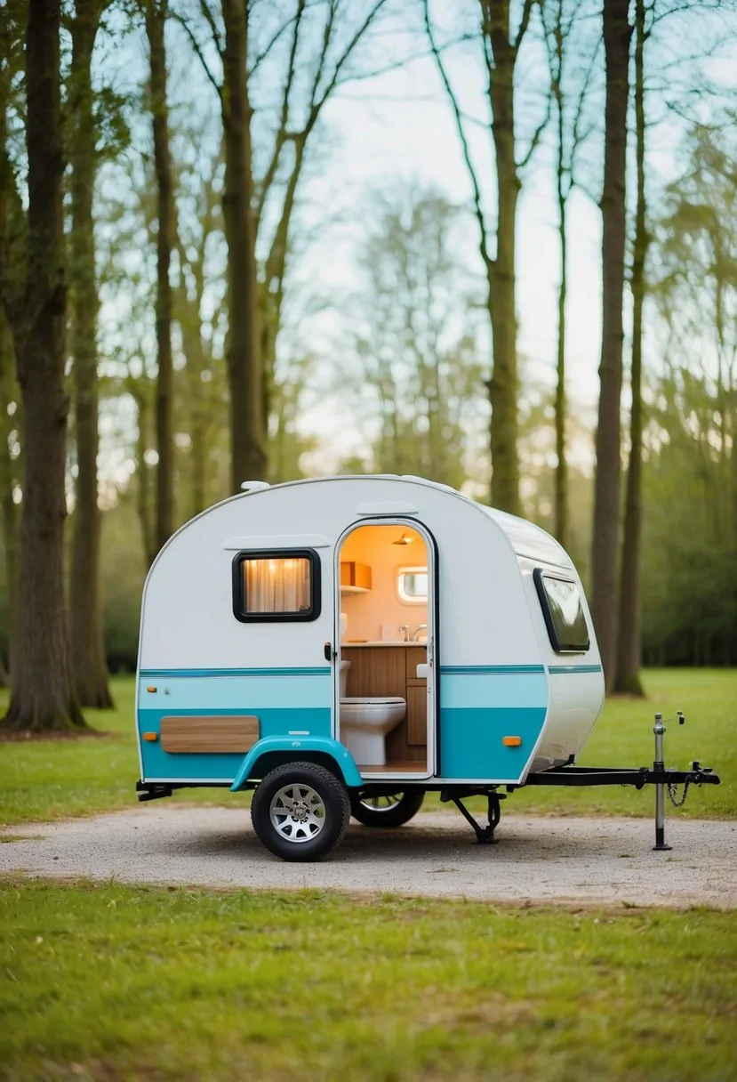 2 Person RV with Bathroom: The Ideal Compact Travel Solution 5 A small camper parked in a serene campground, with a cozy interior and a compact bathroom