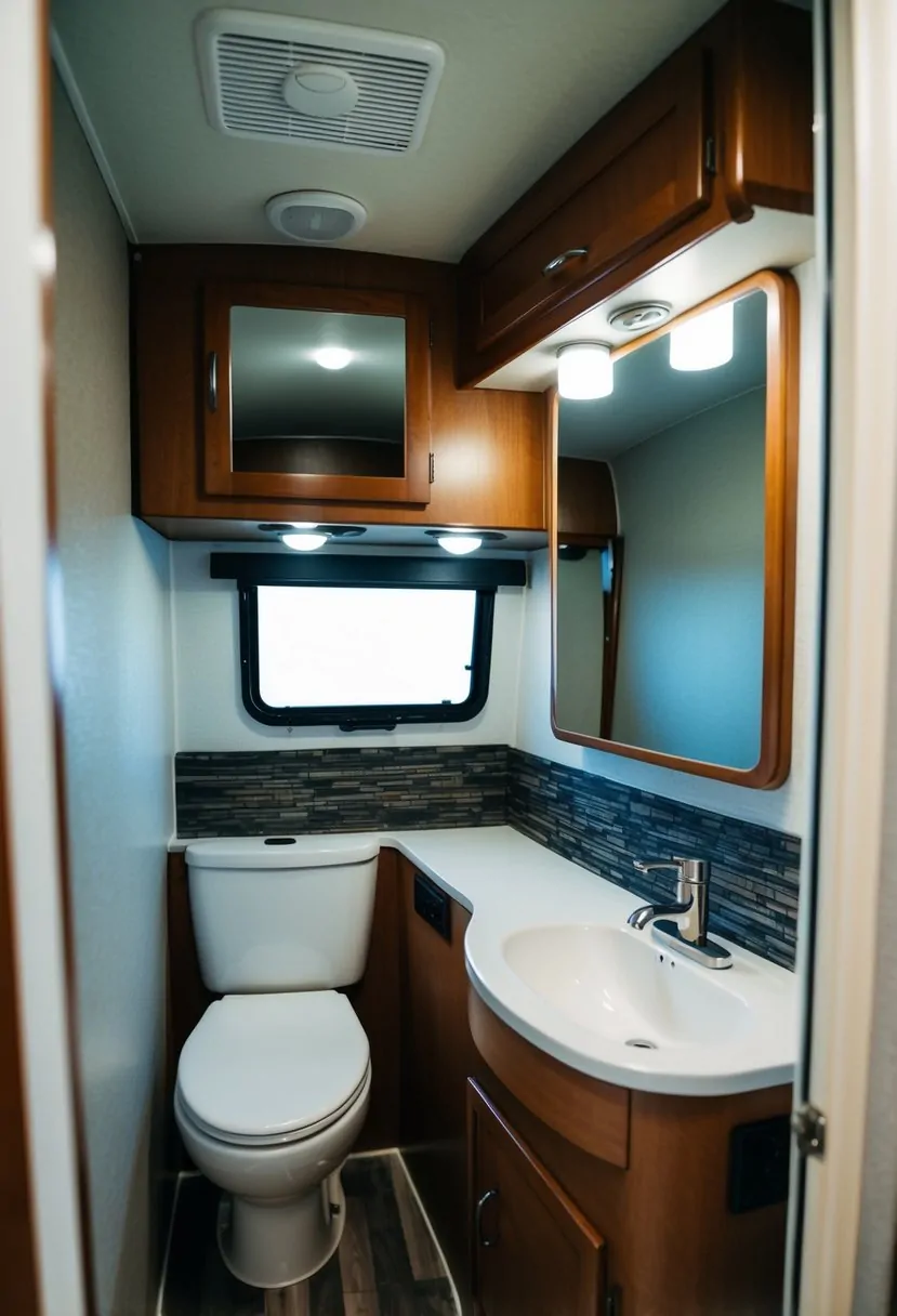 2 Person RV with Bathroom: The Ideal Compact Travel Solution 1 A cozy 2-person RV with a compact bathroom, complete with a toilet, sink, and shower stall