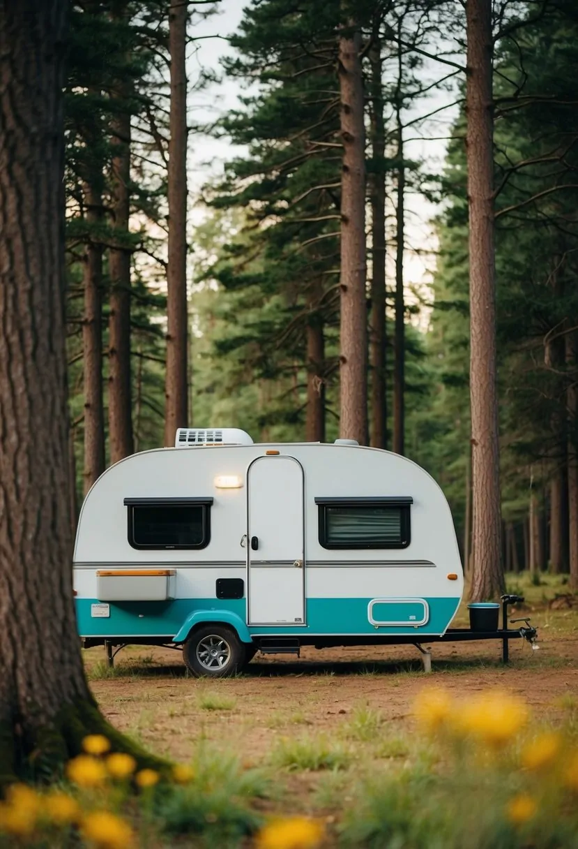 2 Person RV with Bathroom: The Ideal Compact Travel Solution 2 A cozy 2-person camper with a compact bathroom, a comfortable bed, and a small kitchenette nestled among tall trees in a tranquil forest clearing