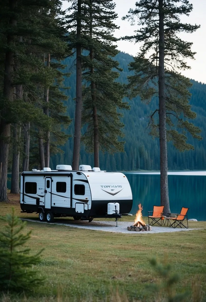 2 Person RV with Bathroom: The Ideal Compact Travel Solution 7 An RV parked near a serene lake surrounded by tall trees, with a small campfire and two chairs set up outside