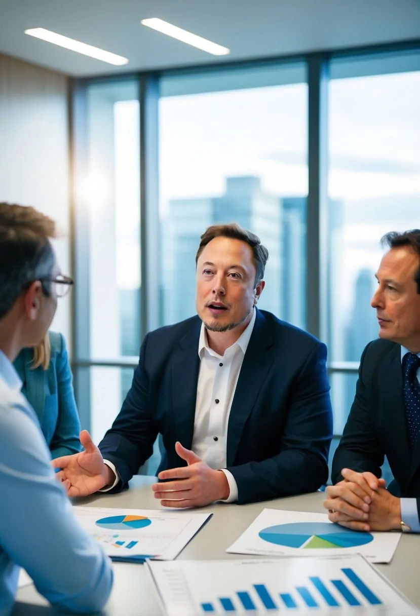Elon Musk discussing affordable housing with investors in a modern office setting with architectural blueprints and financial charts on the table
