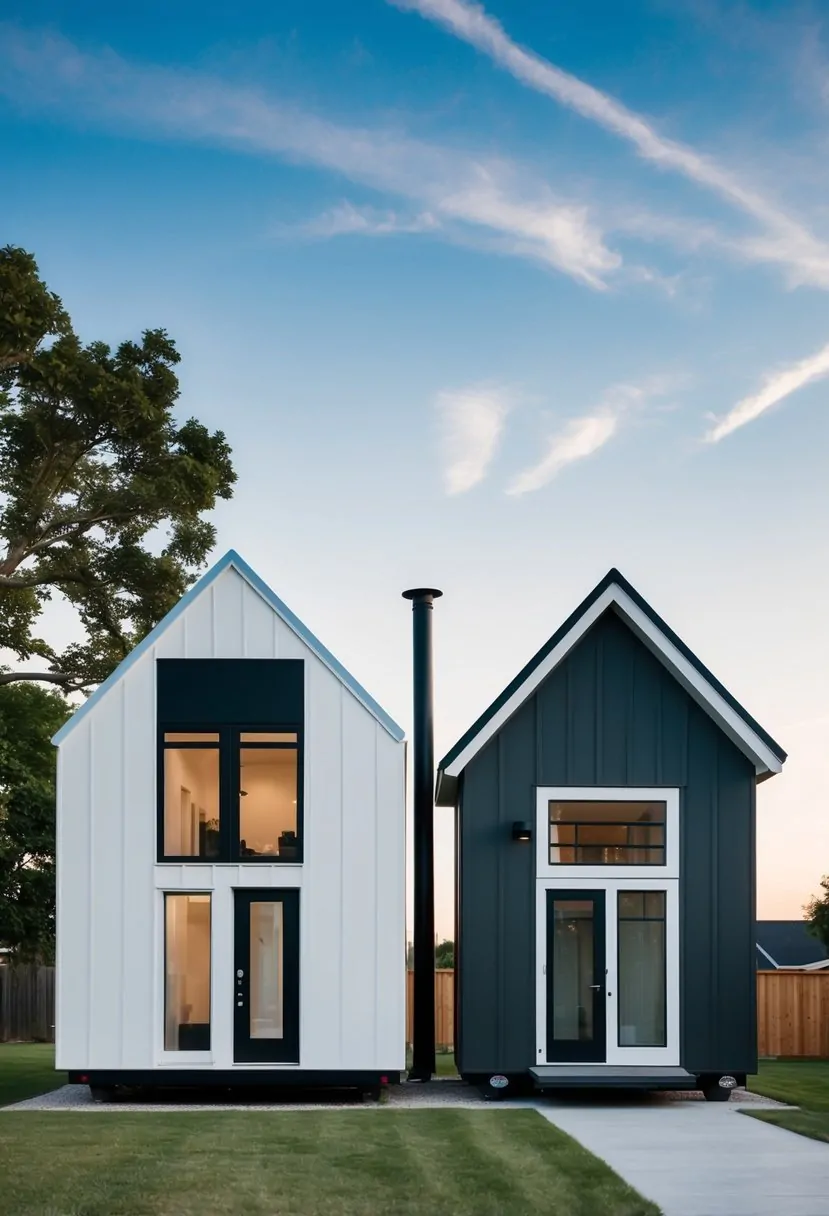 A modern, compact Boxabl home stands next to a traditional, larger home. Elon Musk's affordable housing vision is represented in the contrast