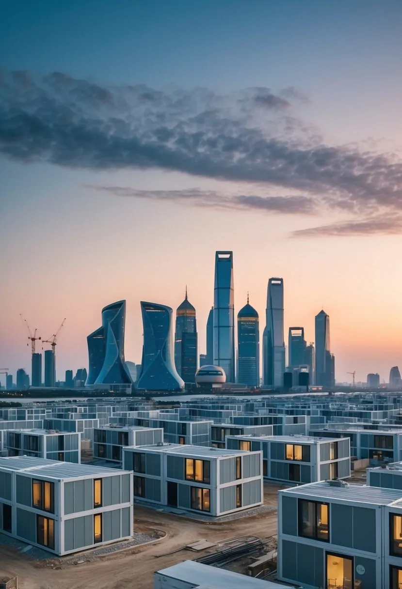 A futuristic city skyline with modular, sustainable housing units being constructed rapidly using advanced construction technology