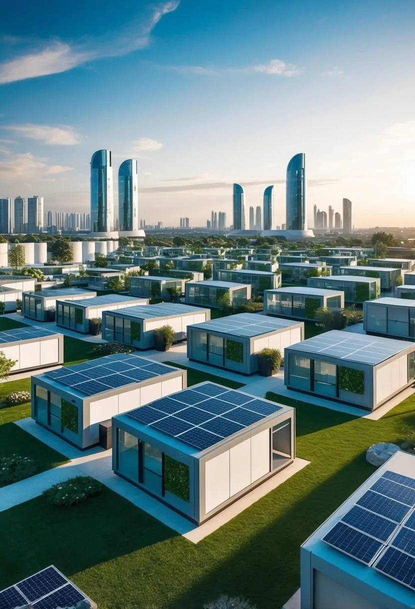 A futuristic cityscape with modular, sustainable housing units designed by Elon Musk. Solar panels and green spaces are integrated into the architecture