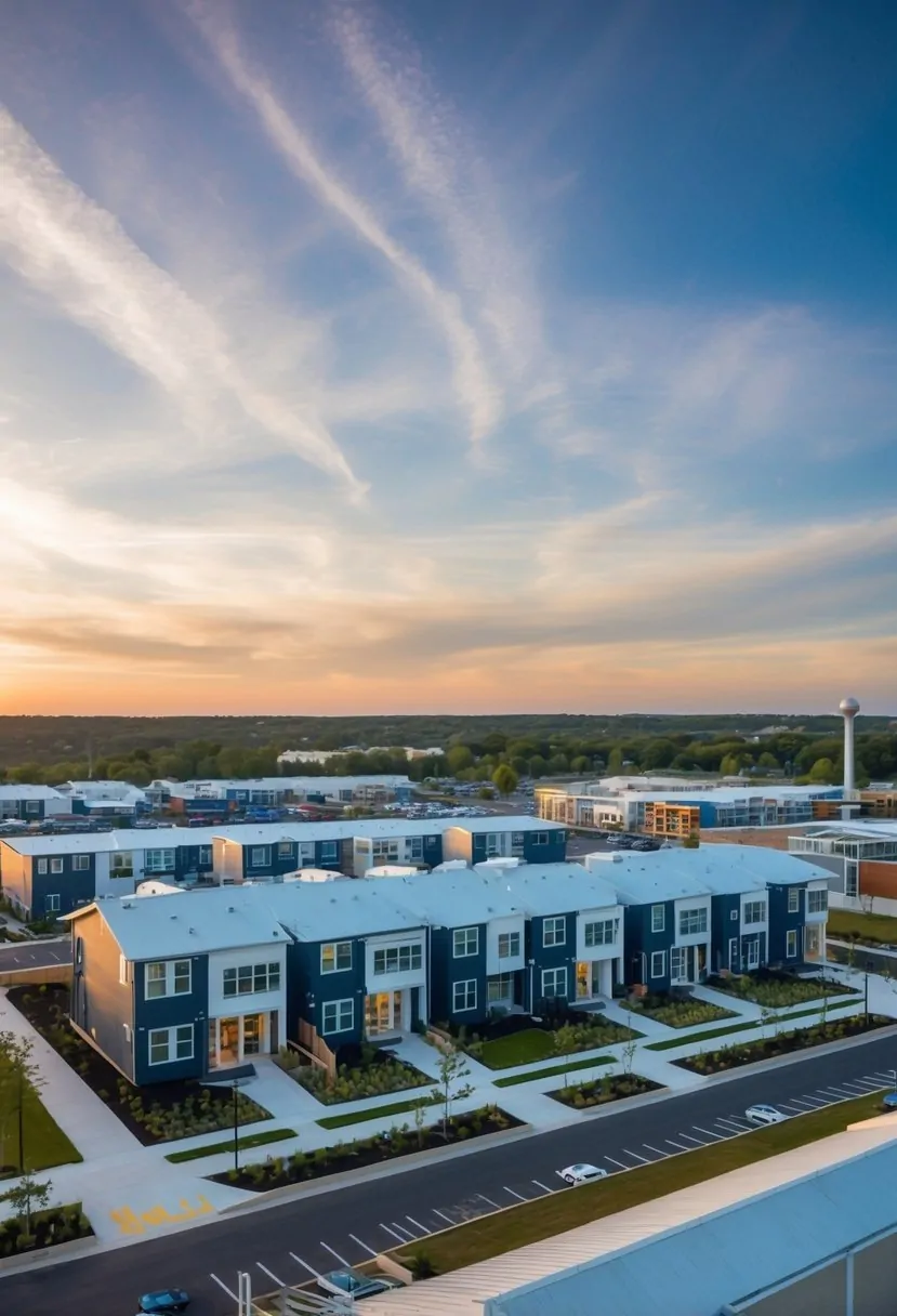 A bustling market with diverse housing options, including affordable units. The presence of Elon Musk's influence is subtly hinted at through innovative architectural designs and sustainable features
