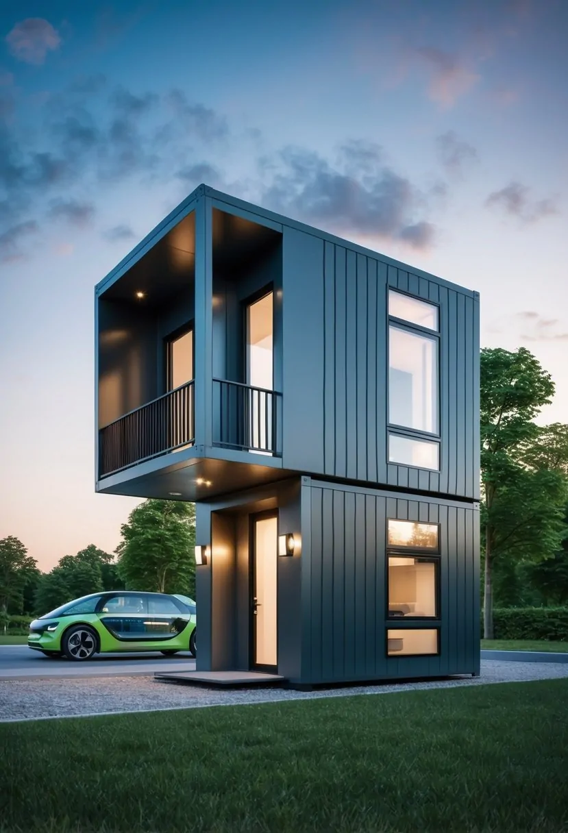 A futuristic, compact housing unit with sleek, modular design and integrated renewable energy features, surrounded by greenery and innovative transportation options
