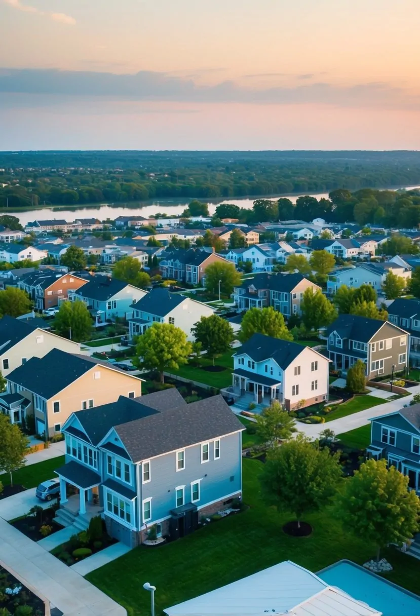 A bustling neighborhood with diverse housing options and green spaces, showcasing Elon Musk's affordable housing initiative