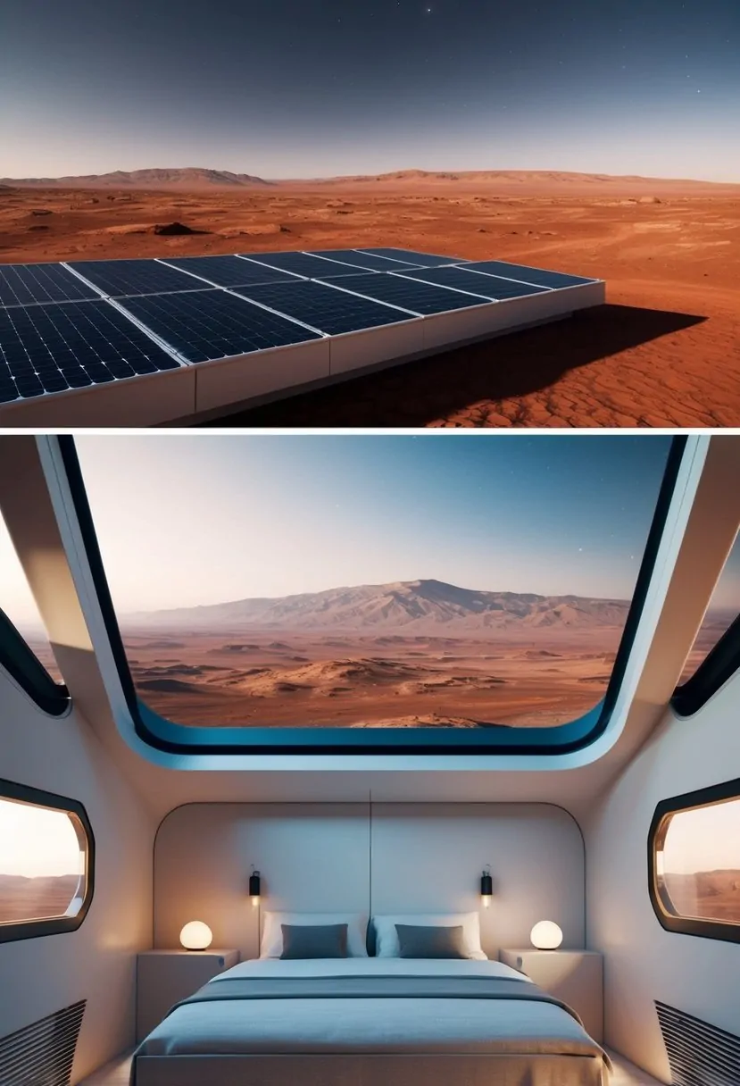 A futuristic, compact living space on Mars, with sleek, minimalist design, solar panels, and a panoramic view of the red planet's landscape