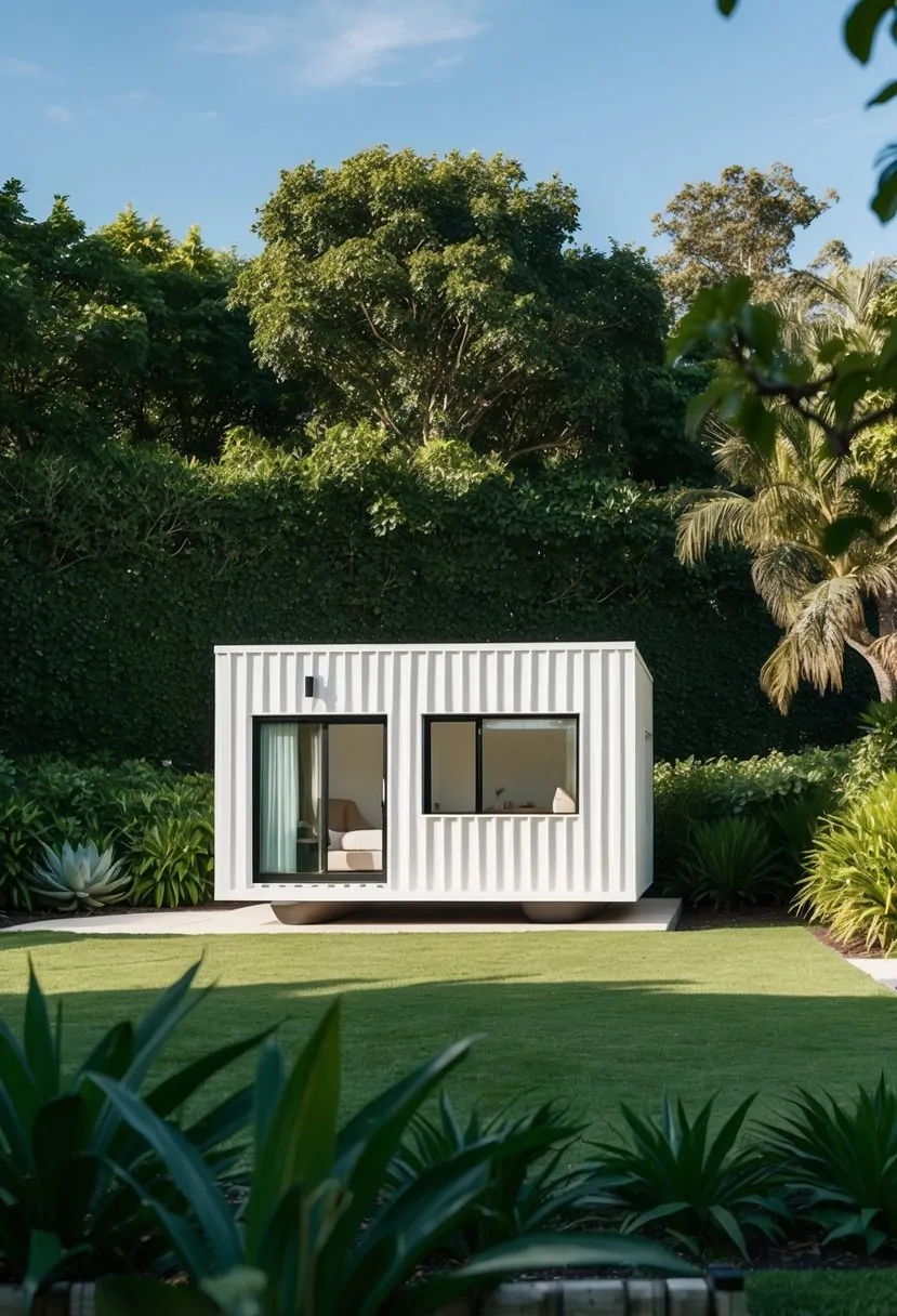 The Boxabl Casita stands against a backdrop of lush greenery, showcasing its innovative design features and modern aesthetic