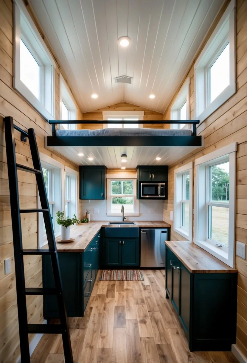 10x12 Tiny House with Loft: Maximizing Space for Comfortable Living 3 A cozy 10x12 tiny house with a loft, featuring a compact layout with a living area, kitchenette, bathroom, and ladder leading up to the loft