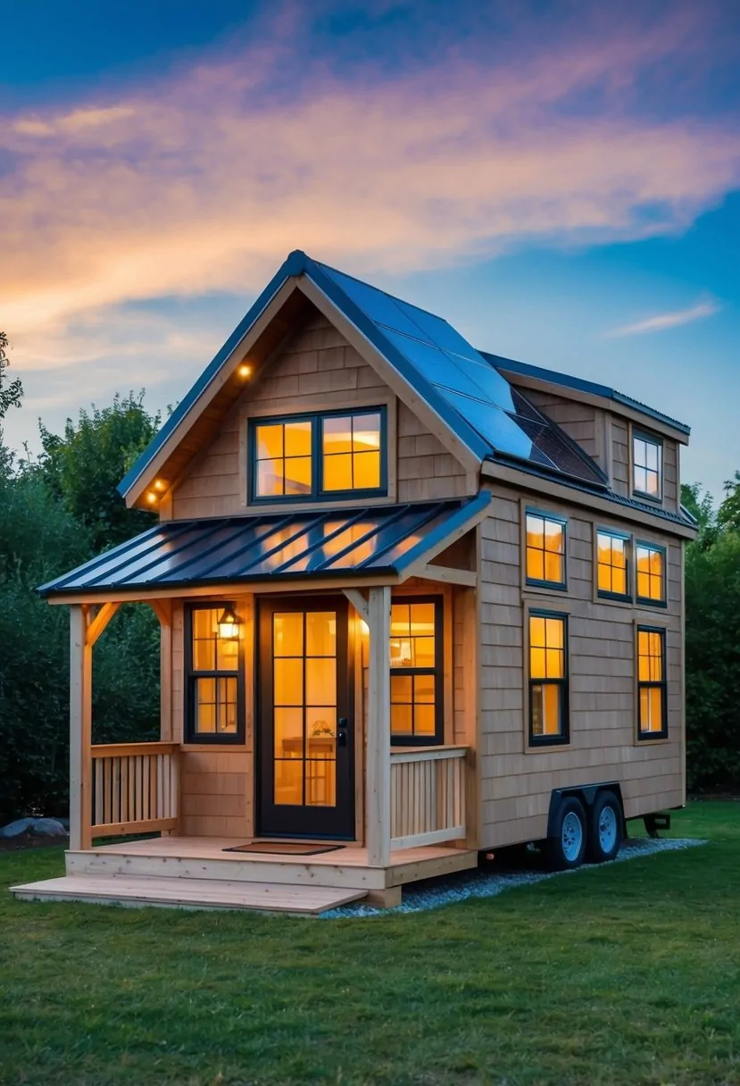 10x12 Tiny House with Loft: Maximizing Space for Comfortable Living 2 A cozy 10x12 tiny house with a loft, featuring large windows, a front porch, and a sloped roof with solar panels