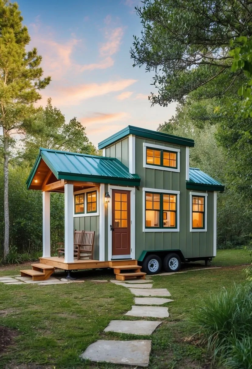 10x12 Tiny House with Loft: Maximizing Space for Comfortable Living 10 A cozy 10x12 tiny house with a loft, surrounded by nature and featuring a small porch and large windows