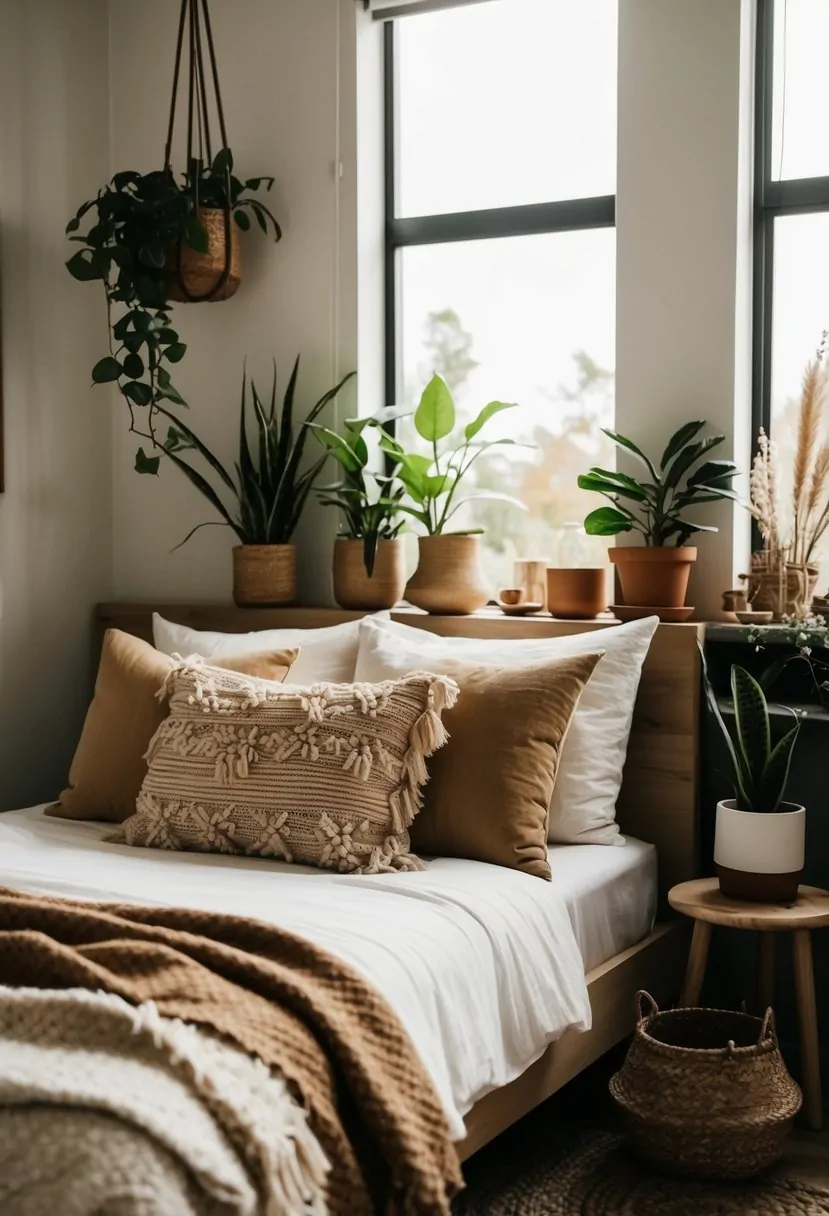 41 Gorgeous Boho Bedroom Ideas to Try for a Relaxed and Stylish Space 9 A cozy bedroom with a mix of Scandinavian and bohemian decor. Natural textures, plants, and warm earthy tones create a relaxed and inviting atmosphere
