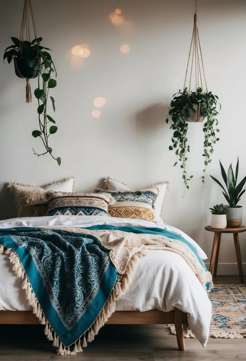 41 Gorgeous Boho Bedroom Ideas to Try for a Relaxed and Stylish Space 11 A modern boho bed frame with layered textiles, hanging plants, and eclectic decor