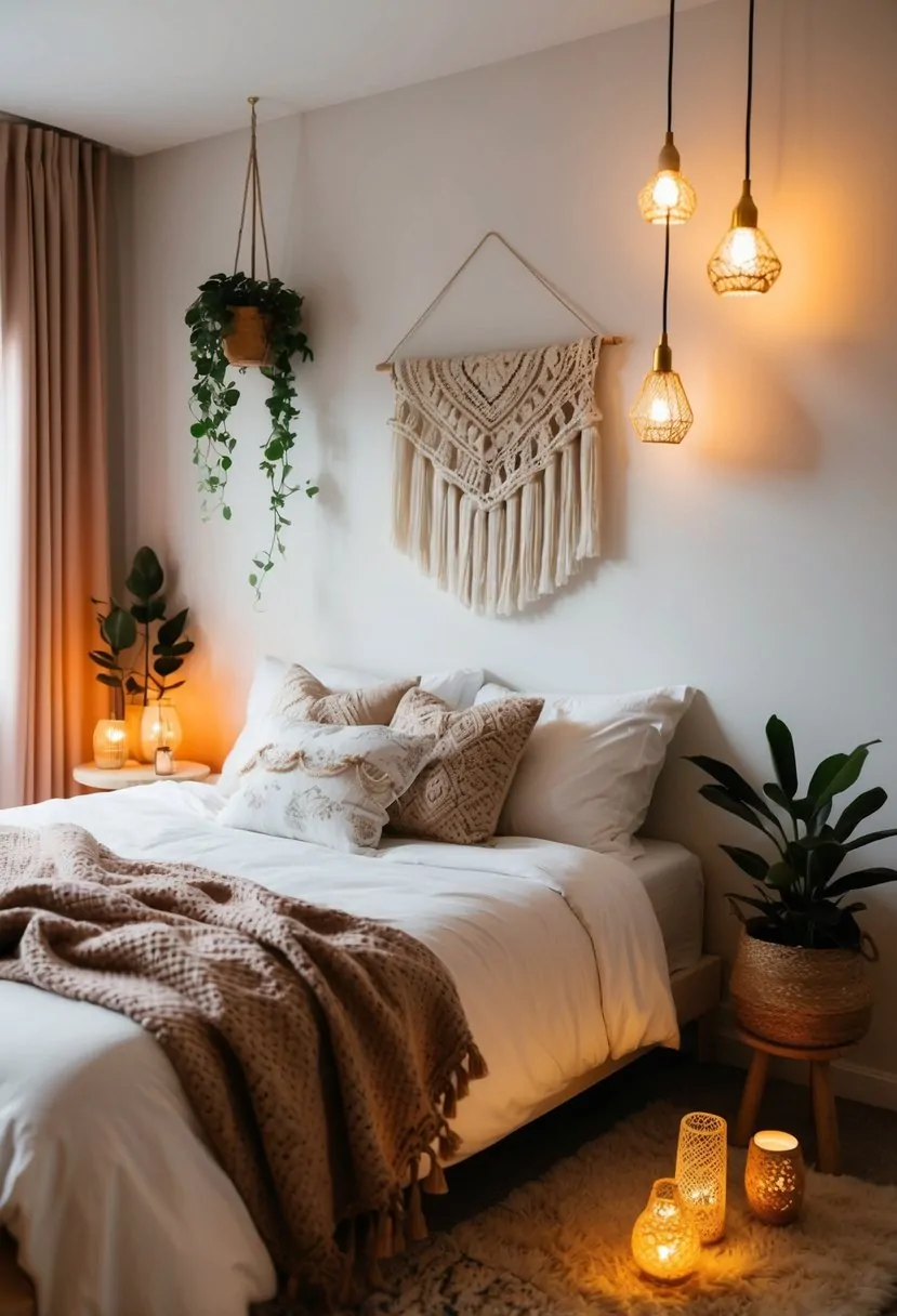 41 Gorgeous Boho Bedroom Ideas to Try for a Relaxed and Stylish Space 8 A cozy bedroom with boho decor: warm lighting, soft blankets, plants, and cute wall art