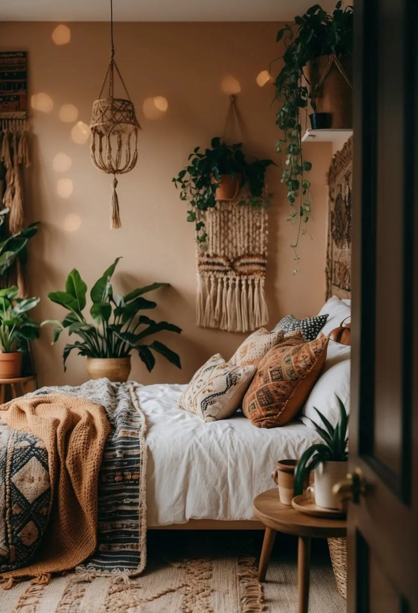 41 Gorgeous Boho Bedroom Ideas to Try for a Relaxed and Stylish Space 13 A cozy bedroom with eclectic decor: a mix of patterns, plants, and natural textures. Warm, earthy tones and soft lighting create a relaxed, bohemian vibe