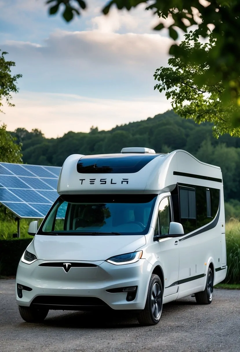 Tesla Motorhome: Luxury, Innovation, and Sustainability (Incredible Electric Motorhome) 15 A sleek, modern Tesla motor home parked in a scenic, eco-friendly setting with solar panels and lush greenery