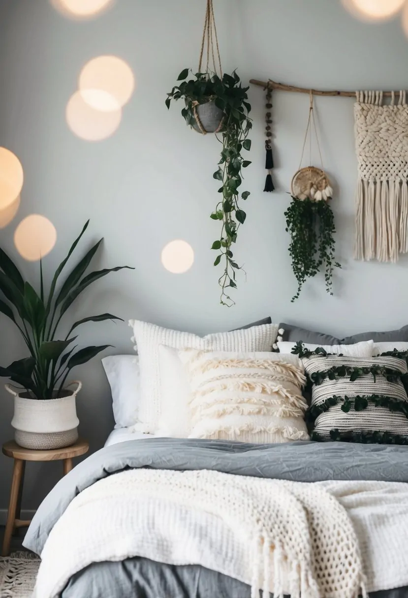 41 Gorgeous Boho Bedroom Ideas to Try for a Relaxed and Stylish Space 10 A cozy white and grey bedroom with boho decor, featuring a mix of textures, plants, and natural materials