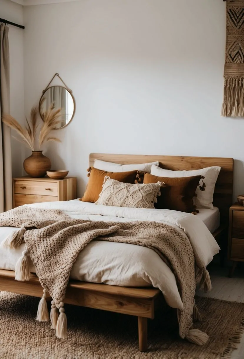 41 Gorgeous Boho Bedroom Ideas to Try for a Relaxed and Stylish Space 7 A cozy boho-style bedroom with earthy tones, natural wood furniture, and woven textiles. A mix of organic materials creates a relaxed and inviting atmosphere