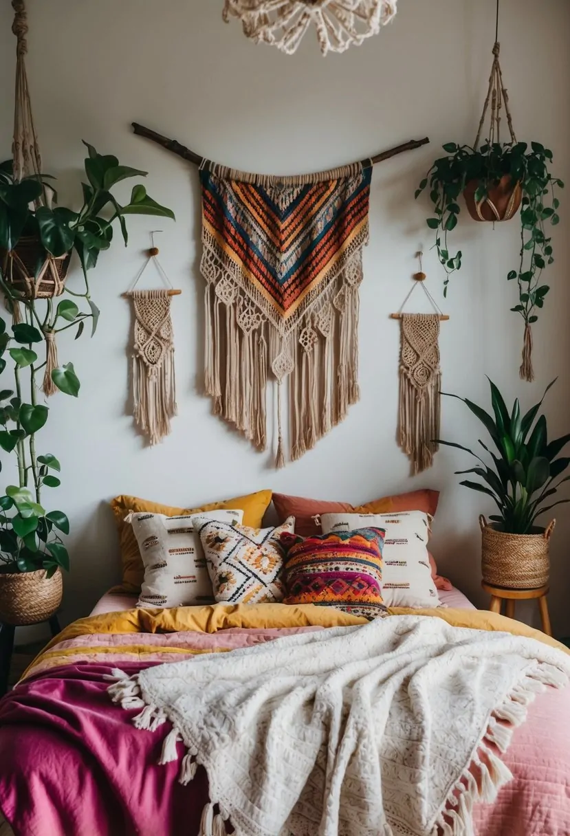 41 Gorgeous Boho Bedroom Ideas to Try for a Relaxed and Stylish Space 6 A cozy boho bedroom with vibrant textiles, macramé wall hangings, and plenty of plants creating a relaxed and eclectic atmosphere