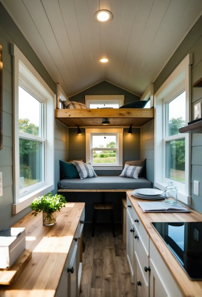 Tuff Shed Tiny House Interior Design Ideas for Optimal Space Utilization 3 A cozy Tuff Shed tiny house interior with a loft bed, compact kitchen, and a small dining area with natural light streaming in through the windows